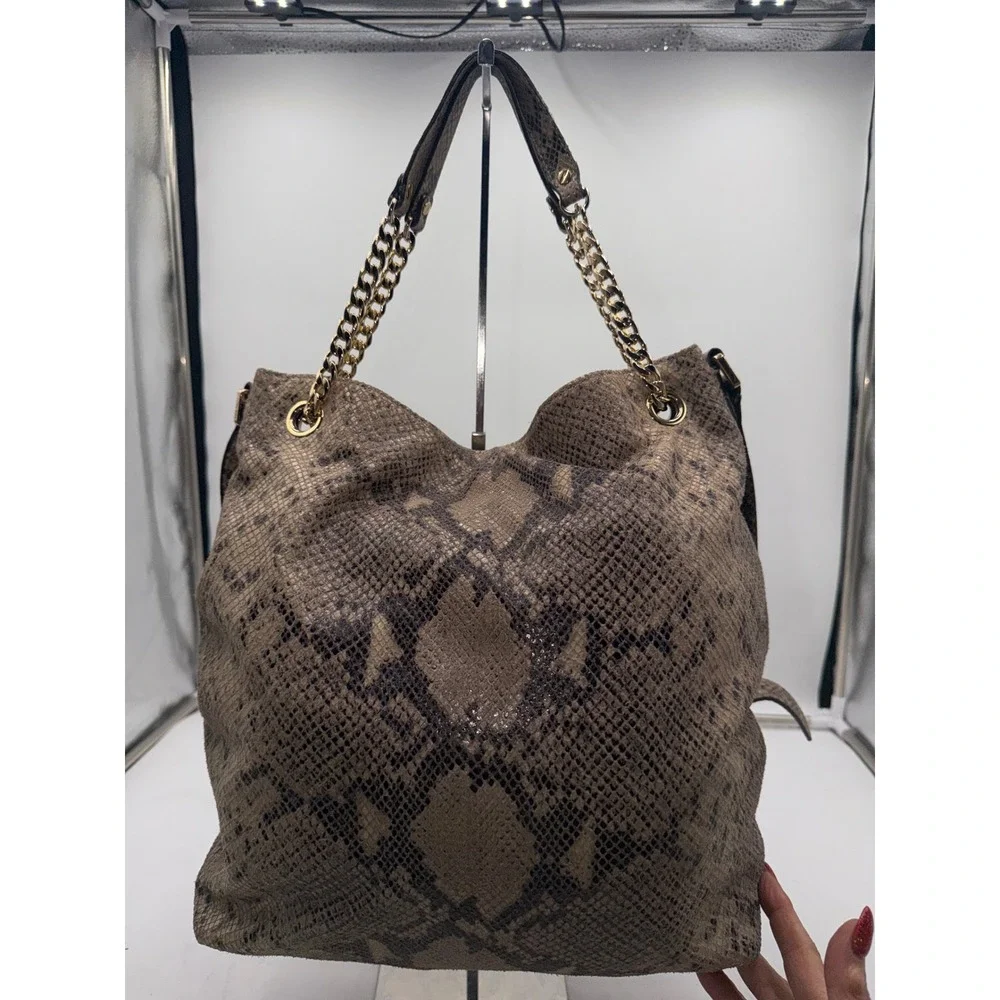 Michael Kors Snakeskin Embossed Leather Hobo Bag Brown Gold Hardware Crossbody